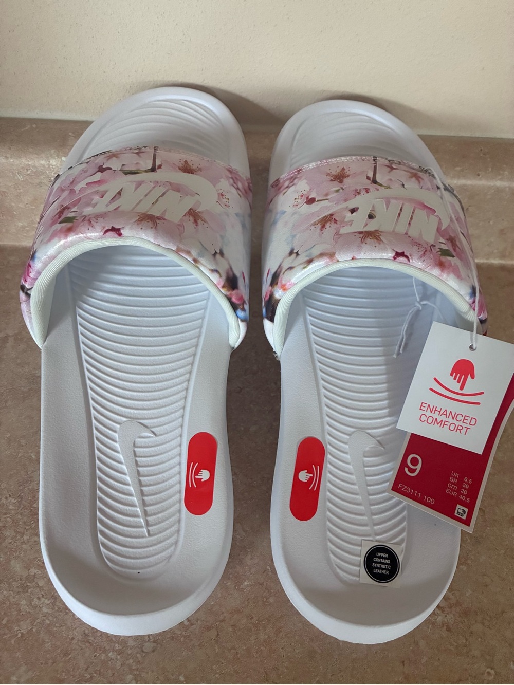 Nike Women’s White Slide Sandals with Pink Floral Strap